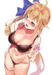  1girl ahoge bangs blonde_hair blue_eyes blush breasts cleavage collarbone commentary_request condom condom_wrapper eyebrows_visible_through_hair fal_(girls_frontline) girls_frontline groin hair_between_eyes hair_ornament hair_ribbon hand_on_hip large_breasts long_hair navel open_mouth pooor ribbon side_ponytail simple_background solo standing underwear underwear_only white_background 