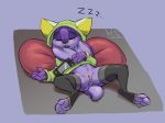  bean_bag blush bottomless clitoris clothed clothing controller female fur game_controller hoodie lagomorph legwear mammal presenting presenting_pussy purple_fur pussy rabbit reign-2004 sleeping socks solo sound_effects toeless_socks whiskers zzz 