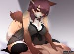  2018 anthro bed big_breasts black_nose blush breasts brown_fur brown_hair buried_frog canine cleavage clothed clothing female fox fur hair hi_res human kneeling legwear lingerie long_hair male male/female mammal massage nude panties purple_eyes short_hair skimpy stockings sweat text thick_thighs underwear yellow_fur 