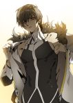  blade_master_(elsword) brown_eyes brown_hair elsword facial_scar fur_collar fur_trim gloves jacket long_sleeves looking_at_viewer male_focus parted_lips pika_(kai9464) raven_(elsword) scar scar_on_cheek simple_background sleeveless sleeveless_turtleneck solo turtleneck upper_body white_gloves yellow_eyes 