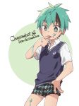  argyle borrowed_character boxers bright_pupils character_name chocomint-kun_(yuushitessen) finger_licking food_on_body green_eyes green_hair highres keitomato licking male_focus male_underwear no_pants original school_uniform short_sleeves solo sweater_vest underwear 
