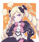  blonde_hair bow drill_hair elise_(fire_emblem_if) european_clothes fire_emblem fire_emblem_if gloves hair_bow hiyori_(rindou66) looking_at_viewer pout purple_eyes solo twin_drills 