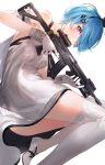  blue_hair blush bra camisole commentary folding_stock girls_frontline gloves gun hair_ornament hair_over_one_eye hairband holding holding_gun holding_weapon kfr looking_at_viewer magazine_(weapon) making_of pink_eyes rifle scope shoes short_hair smile thighhighs underwear weapon white_background white_gloves zas_m21_(girls_frontline) 