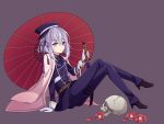  camellia cape flower gloves hat high_heels honebami_toushirou hyou_(pixiv3677917) male_focus military military_uniform necktie oriental_umbrella parted_lips purple_eyes sheath sheathed sitting skull solo sword touken_ranbu umbrella uniform wakizashi weapon white_gloves white_hair 