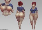  ass barefoot blue_eyes bottomless breasts cleavage curvy cutesexyrobutts grey_background huge_ass inverted_nipples large_breasts light_smile navel nipples original parted_lips red_hair short_hair short_stack signature simple_background solo thick_thighs thighs wide_hips 