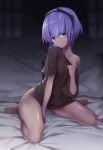  bare_legs barefoot between_legs blurry breasts commentary_request dark_skin depth_of_field eyebrows_visible_through_hair fate/prototype fate/prototype:_fragments_of_blue_and_silver fate_(series) hand_between_legs hand_on_own_chest hassan_of_serenity_(fate) indoors light_blush looking_at_viewer naked_shirt off_shoulder on_bed parted_lips purple_eyes purple_hair see-through_silhouette shirt short_hair sitting small_breasts solo tyone wariza 