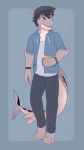  2018 alcohol anthro barefoot beverage clothed clothing digital_media_(artwork) fish floofykitkat hair hat jacket ka&#039;eo_&oacute;_coile&aacute;in male marine open_mouth pants shark shirt simple_background smile solo standing 