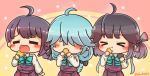 &gt;_&lt; 3girls ahoge asimo953 bangs blush bow bowtie braid chibi closed_mouth commentary_request cookie dress eating eyebrows_visible_through_hair eyes_closed food fujinami_(kantai_collection) grey_hair hair_between_eyes hair_bow hair_over_one_eye hair_ribbon hamanami_(kantai_collection) hayanami_(kantai_collection) holding kantai_collection lawson long_hair long_sleeves multiple_girls open_mouth ponytail purple_dress purple_hair ribbon school_uniform shirt short_hair side_ponytail sidelocks simple_background single_braid smile white_shirt 