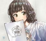  :3 bangs black_hair blue_eyes breasts brown_hair character_print commentary_request drawing eyebrows_visible_through_hair grey_hair highres indoors koi_ni_naritai_aquarium love_live! love_live!_sunshine!! medium_breasts paper photo-referenced print_shirt saitou_shuka seiyuu seiyuu_connection self_shot shirt signature solo takenoko_no_you tiara upper_body watanabe_you wavy_hair white_shirt 