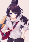  bag black_hair blue_eyes casual chromatic_aberration closed_mouth collarbone commentary_request fate/grand_order fate_(series) hair_bun hair_ornament hand_on_hip highres hood hood_down katsushika_hokusai_(fate/grand_order) ko_yu looking_at_viewer octopus short_hair simple_background sketchbook smile solo tokitarou_(fate/grand_order) 