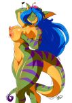  &lt;3 2018 anthro areola blue_hair breasts digital_media_(artwork) female gecko geecku hair hi_res las_lindas lizard long_hair looking_at_viewer nipples non-mammal_breasts reptile ryousakai scalie signature simple_background solo stripes tongue tongue_out white_background yellow_eyes 