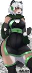  2018 anthro big_breasts black_fur black_nose blue_eyes blush breasts brown_fur buried_frog canine clothed clothing dress female fur hair hi_res leaf looking_at_viewer mammal open_mouth short_hair smile solo standing tanuki thick_thighs tongue white_hair wide_hips 