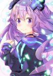  adult_neptune blush choker clenched_hand commentary_request d-pad d-pad_hair_ornament from_behind hair_between_eyes hair_ornament hand_up highres hood hooded_jacket jacket long_hair looking_at_viewer looking_back neptune_(series) purple_eyes purple_hair shin_jigen_game_neptune_vii shiratsuyu_natsume smile solo upper_body 