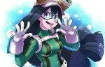  asui_tsuyu black_hair blue_background boku_no_hero_academia breasts gloves goggles goggles_on_headwear green_eyes hair_between_eyes hat long_hair looking_at_viewer low-tied_long_hair medium_breasts sizimi_mi solo tongue tongue_out upper_body very_long_hair white_gloves white_hat 