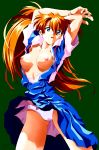  1girl arms_up artist_name blue_eyes breasts breasts_outside female green_background highres kobayashi_yuji long_hair neon_genesis_evangelion nipples no_bra open_clothes open_mouth open_shirt panties school_uniform signature simple_background skirt skirt_lift solo soryu_asuka_langley thighs underwear white_panties 