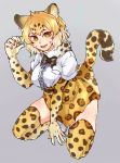  :d absurdres animal_ears animal_print arm_support black_neckwear blonde_hair boots bow bowtie breast_pocket breasts chamyi commentary_request eyebrows_visible_through_hair frilled_shirt frills full_body fur_collar gao gloves gradient_hair hand_up heart high-waist_skirt highres jaguar_(kemono_friends) jaguar_ears jaguar_print jaguar_tail kemono_friends knee_boots looking_at_viewer multicolored_hair onomatopoeia open_mouth outstretched_arm platinum_blonde_hair pocket print_gloves print_legwear print_neckwear print_skirt shirt short_hair short_sleeves skindentation skirt smile solo tail thighhighs two-tone_hair white_footwear white_pupils white_shirt yellow_eyes zettai_ryouiki 