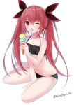  ;o arm_support between_legs bikini black_bikini blush breasts cleavage collarbone commentary_request date_a_live eating food frilled_bikini_top full_body hair_ribbon hand_between_legs highres holding holding_food ice_cream itsuka_kotori looking_at_viewer navel one_eye_closed red_eyes red_hair ribbon seiza shiratoriko simple_background sitting small_breasts solo swimsuit thighs twintails white_background 