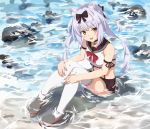  anchor_necklace animal_ears anime_coloring azur_lane bow breasts collar dog_ears edmond_suzuki fang full_body hair_bow hands_on_own_knees highres knees_up long_hair looking_at_viewer midriff miniskirt open_mouth orange_eyes partially_submerged sailor_collar shoes silver_hair sitting skirt small_breasts solo thighhighs water white_legwear yukikaze_(azur_lane) zettai_ryouiki 