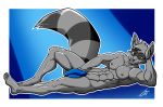  5_toes abs anthro fur grey_fur juacamo male mammal muscular nipples procyonid raccoon simple_background sly_cooper sly_cooper_(series) solo toes video_games 