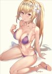  arm_support bikini blonde_hair blue_eyes breasts collarbone commentary eyebrows_visible_through_hair flower front-tie_bikini front-tie_top granblue_fantasy grey_background hair_flower hair_ornament hairband halterneck hand_up jeanne_d'arc_(granblue_fantasy) large_breasts long_hair long_legs looking_at_viewer navel parted_lips ponytail purple_bikini revision sandals side-tie_bikini simple_background sitting sola_(solo0730) solo swimsuit very_long_hair wariza 