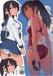  ass badge bag black_eyes black_hair blue_sailor_collar blue_skirt competition_swimsuit cowboy_shot dark_skin headgear_removed holding_goggles looking_at_viewer lvi multiple_views one-piece_swimsuit original panties pantyshot pleated_skirt ponytail red_swimsuit ribbon sailor_collar school_bag school_uniform skirt swim_cap swimsuit underwear wedgie white_panties white_ribbon 