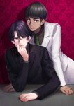  bangs black_hair black_suit blue_eyes elbows_on_table formal green_neckwear grey_eyes indoors kurakichi36 leaning_forward lee_seung-gil male_focus multiple_boys necktie parted_bangs phichit_chulanont shadow sitting suit table thick_eyebrows wallpaper_(object) white_suit yuri!!!_on_ice 