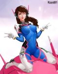  acronym animal_print bangs blue_bodysuit bodysuit breasts brown_eyes brown_hair bunny_print clothes_writing d.va_(overwatch) double_v facepaint facial_mark full_body headphones high_collar highres kzard81 long_hair looking_at_viewer mecha medium_breasts meka_(overwatch) nose one_eye_closed open_mouth overwatch patreon_username pilot_suit pink_lips purple_background ribbed_bodysuit shoulder_pads sitting sitting_on_object skin_tight solo swept_bangs tongue tongue_out upper_teeth v wariza whisker_markings white_background 
