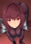  all_fours ass bodysuit breasts cleavage commentary_request eyebrows_visible_through_hair fate/grand_order fate_(series) hair_intakes hanging_breasts highres hinacalibur large_breasts light_blush long_hair looking_at_viewer purple_bodysuit purple_hair red_eyes scathach_(fate)_(all) scathach_(fate/grand_order) shoulder_armor smile solo very_long_hair 