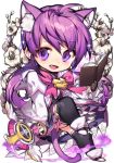  :d aisha_(elsword) animal_ear_fluff animal_ears black_gloves black_legwear book bow bowtie capelet cat_ears cat_tail chibi cotton_boll elemental_master_(elsword) elsword eyebrows_visible_through_hair fang floral_background flower full_body glitter gloves holding holding_book long_hair long_sleeves looking_at_viewer low_twintails open_book open_mouth pika_(kai9464) pink_bow pleated_skirt purple_eyes purple_hair skirt smile solo sparkle staff tail thighhighs twintails wide_sleeves 