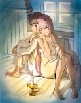  1girl albyee back-to-back bangs barefoot black_hair blue_eyes candle candlelight candlestand closed_eyes collarbone commentary commentary_typo couple dark darling_in_the_franxx english_commentary fingernails fire flame hand_on_own_knee hetero highres hiro_(darling_in_the_franxx) holding_hands horns indoors leg_hug long_hair looking_back nightgown oni_horns pajamas pink_hair red_horns sitting sleeveless white_pajamas zero_two_(darling_in_the_franxx) 