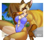  2018 anthro beach big_breasts blonde_hair breasts canine clothed clothing creamsicle dessert digital_media_(artwork) female food fox hair ice_cream looking_at_viewer mammal nightmarebearpuff one-piece_swimsuit outside palm_tree popsicle sea seaside signature sitting sky smile solo swimsuit thick_thighs tongue tongue_out tree water 