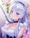  artist_name azur_lane belfast_(azur_lane) blue_eyes blush braid breasts chain cleavage collar collarbone dress floral_background flower large_breasts long_hair looking_at_viewer maid maid_headdress naomi_(fantasia) open_mouth signature silver_hair sleeveless solo tareme upper_body 