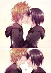  1girl black_coat_(kingdom_hearts) black_hair breasts closed_eyes gloves holding_hands karudoll kingdom_hearts kingdom_hearts_358/2_days kiss medium_hair organization_xiii roxas short_hair small_breasts smile source_request xion_(kingdom_hearts) 