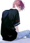  americano_beans americano_exodus black_shirt casual denim earrings from_behind jeans jewelry light_frown looking_at_viewer looking_back male_focus pants purple_eyes red_hair shirt short_sleeves sitting solo sukja t-shirt white_background 