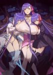  bb_(fate)_(all) bb_(fate/extra_ccc) black_legwear black_skirt blush breast_grab breasts cleavage commentary_request fate/extra fate/extra_ccc fate/grand_order fate_(series) girl_sandwich grabbing greaves hair_ribbon huge_breasts licking_lips long_hair looking_at_viewer meltlilith multiple_girls navel passion_lip red_cucumber ribbon sandwiched skirt stomach thighhighs thong tongue tongue_out very_long_hair white_legwear 