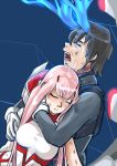  1girl bangs black_hair blossomppg blue_horns bodysuit breasts broken_horn closed_eyes commentary couple crying darling_in_the_franxx english_commentary hand_on_another's_arm hand_on_another's_face hetero highres hiro_(darling_in_the_franxx) horns hug hug_from_behind long_hair long_horns medium_breasts oni_horns pink_hair red_horns signature tears torn_bodysuit torn_clothes zero_two_(darling_in_the_franxx) 