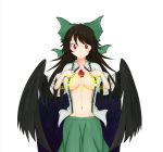  abyss_arts black_wings blouse blush bow breasts brown_hair cape caution censored clothes_removed collared_blouse commentary_request cowboy_shot feathered_wings green_bow green_skirt groin hair_bow large_breasts long_hair looking_down navel no_bra open_blouse open_clothes open_mouth radiation_symbol red_eyes reiuji_utsuho simple_background skirt solo starry_sky_print surprised third_eye touhou white_background white_blouse white_cape wings 
