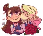  a_weird_latina bangs blush brown_hair check_commentary cheek_kiss closed_eyes commentary_request diana_cavendish flower heart heart_eyes kagari_atsuko kiss little_witch_academia long_hair multiple_girls spanish_commentary yuri 