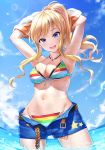  armpits arms_up bangs bare_shoulders bead_necklace beads belt bikini blonde_hair blue_eyes blue_sky blush breasts cleavage collarbone commentary day denim denim_shorts highres hips idolmaster idolmaster_cinderella_girls jewelry large_breasts long_hair looking_at_viewer navel necklace ocean ootsuki_yui open_mouth ponytail shirt_lift short_shorts shorts sidelocks sky smile solo striped striped_bikini sunlight swept_bangs swimsuit takeashiro thighs wavy_hair 
