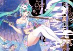  absurdly_long_hair absurdres animal aqua_eyes aqua_hair bell collarbone crossed_legs eyebrows_visible_through_hair geta hair_between_eyes hatsune_miku highres japanese_clothes jewelry jingle_bell kimono long_hair looking_at_viewer mask mask_on_head necklace open_mouth oriental_umbrella panties pantyshot pantyshot_(sitting) sitting solo thighhighs twintails umbrella underwear very_long_hair vocaloid white_legwear white_panties wind_chime yiyu_qing_mang 