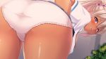  ass bangs bent_over blush closed_mouth commentary_request elf from_behind fujirin hair_ribbon highres looking_at_viewer original panties pink_hair pink_ribbon pointy_ears purple_eyes ribbon shirt short_hair short_sleeves solo underwear white_panties white_shirt 