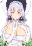  absurdres artist_name azur_lane band-width bangs bare_shoulders blue_eyes breasts choker cleavage collarbone dress elbow_gloves gloves hair_ornament hair_ribbon hand_on_own_chest hat highres illustrious_(azur_lane) lace-trimmed_hat large_breasts long_hair looking_at_viewer mole mole_under_eye parted_lips ribbon sidelocks signature simple_background solo strapless strapless_dress sun_hat tree tress_ribbon white_background white_dress white_gloves white_hair white_hat 