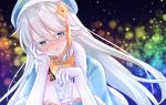  1girl black_background blue_dress blue_eyes blue_hat blush cup dress elbow_gloves food_fantasy fur_trim gloves hat holding holding_cup ice ice_cube kitsuneco long_hair looking_at_viewer simple_background smile solo upper_body very_long_hair vodka_(food_fantasy) white_gloves white_hair 