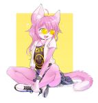  2017 ancesra anthro cat clothing digital_media_(artwork) eyewear feline female footwear fur green_eyes hair headphones mammal multicolored_fur nirvana open_mouth pink_fur pink_hair shirt shoes shorts sitting smile solo sunglasses two_tone_fur 