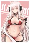  ahoge alternate_costume bangs belt bikini black_choker black_ribbon blush boots breasts character_name choker cleavage closed_mouth collarbone commentary_request cross_choker eyebrows_visible_through_hair girls_frontline hair_between_eyes hair_ornament hair_ribbon hakuya_(white_night) hand_on_own_chest iron_cross kar98k_(girls_frontline) large_breasts long_hair looking_at_viewer navel open_mouth red_bikini red_eyes ribbon side-tie_bikini simple_background skindentation smile solo swimsuit thigh_boots thighhighs very_long_hair white_hair wrist_ribbon 