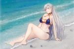  abs aurelia_le_guin bangs bare_shoulders barefoot beach bikini blue_swimsuit blush braid breasts chain choker cleavage collarbone commentary_request day earrings eiyuu_densetsu footprints gold_chain gold_trim groin jewelry large_breasts lavender_eyes long_hair navel partially_submerged sand sen_no_kiseki silver_hair swimsuit tusia water 