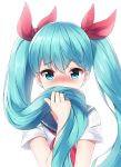  bangs blue_eyes blue_hair blush bow eyebrows_visible_through_hair hair_between_eyes hair_bow hair_over_mouth hatsune_miku highres holding holding_hair long_hair looking_at_viewer mk82_(hoonsyh) neckerchief red_bow red_neckwear shirt short_sleeves solo twintails upper_body very_long_hair vocaloid white_shirt 