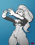  abs breasts breath_of_the_wild digital_media_(artwork) ear_piercing female gerudo hair long_hair looking_at_viewer monochrome muscular muscular_female nintendo nipples not_furry nude piercing pixxxel pointy_ears pussy simple_background smile solo the_legend_of_zelda urbosa video_games 