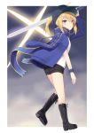  ahoge arm_up artoria_pendragon_(all) ass bangs baseball_cap black_footwear black_hat black_shorts blonde_hair blue_eyes blue_jacket blue_scarf boots closed_mouth eyebrows_visible_through_hair fate/stay_night fate_(series) full_body hair_between_eyes hair_through_headwear hat highres holding holding_sword holding_weapon jacket jacket_on_shoulders left-handed leg_up long_sleeves looking_at_viewer medium_hair mysterious_heroine_x open_clothes open_jacket over_shoulder ponytail rojiura_satsuki:_chapter_heroine_sanctuary scarf shirt shorts sidelocks solo standing standing_on_one_leg sword track_jacket weapon weapon_over_shoulder white_shirt wristband yukarite 