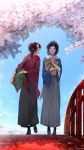  blue_eyes blue_hair bridge brown_hair cherry_blossoms dalc_rose dango day eating food japanese_clothes kashuu_kiyomitsu kimono male_focus multiple_boys outdoors ponytail scarf sky touken_ranbu twitter_username wagashi walking yamato-no-kami_yasusada 